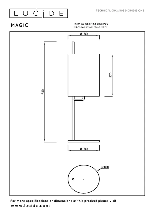 Lucide MAGIC - Lámpara de mesa - Ø 18 cm - 1xE27 - Negro - técnico